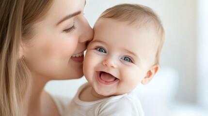 A mother affectionately kisses her happy baby, showcasing their warm bond in a cozy setting