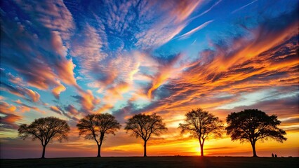 Fototapeta premium Silhouettes of trees against a stunningly beautiful sky , beauty, sky, nature, silhouettes, trees, sunset, dusk, tranquil
