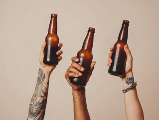 Retro-inspired grainy photo depicting people raising their dark beer bottles in cheer, clinking them together.