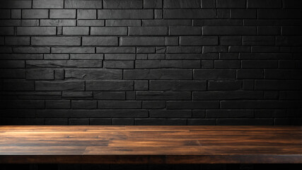Abstract black empty table mockup with black brick wall background. suitable for product presentations