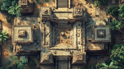Fototapeta premium Top view of an ancient cityaes temple complex, with large ceremonial platforms, altars, and surrounding ruins.