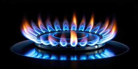 Gas stove flame on black background , heat, cooking, kitchen, appliance, burner, energy, power, blue flame, hot