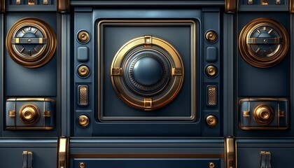 Blue and Gold Metallic Panel with Circular and Rectangular Features