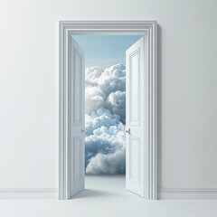 A white door opens to reveal an endless sky