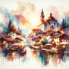 Obraz premium a view of a European village, abstract painting