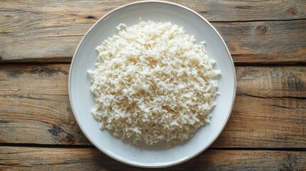 Top view of cooked Jasmine rice neatly arranged on a white plate placed on a wooden table. Warm, inviting meal concept.