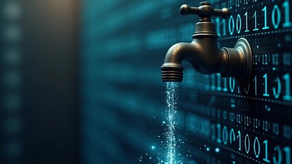 Data Leak Concept with Water Faucet and Binary Code