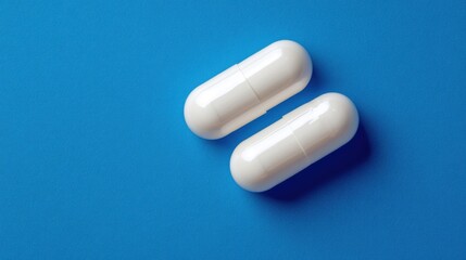 Two white capsules are placed on a dark blue background, highlighting their shape and texture