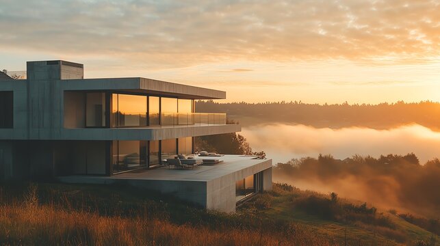 Modern house on a hillside at sunrise, showcasing sleek architecture and stunning natural surroundings, embodying luxury and tranquility.