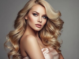 Fototapeta premium Portrait of a Blonde Woman with Wavy Hair and Makeup