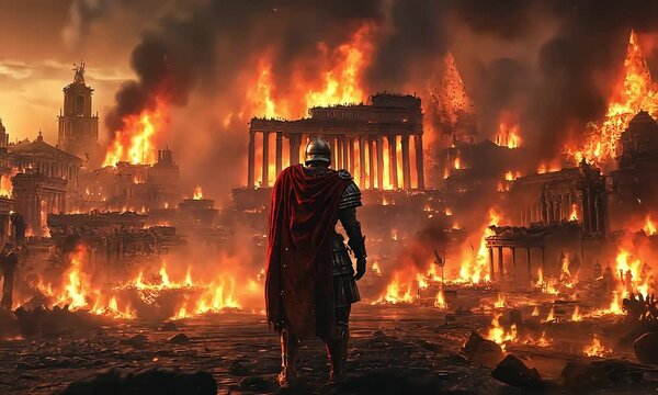 Roman Soldier Witnessing the Destruction of Rome with ai generated.
