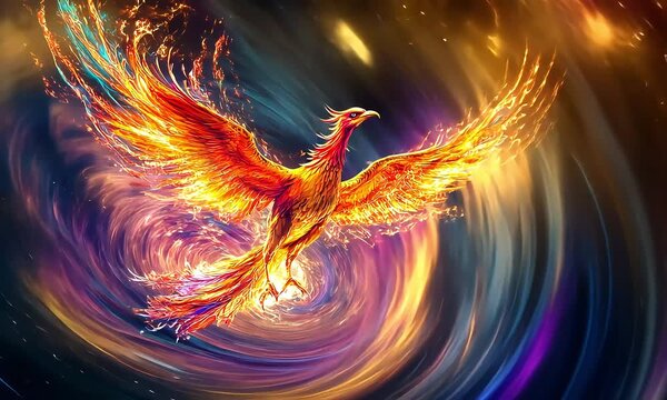 Vibrant Phoenix Rising from Fiery Swirls with ai generated.
