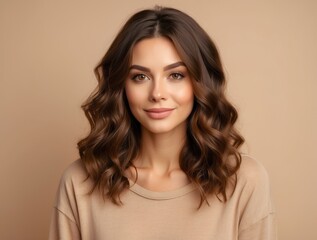 Fototapeta premium Portrait of a Woman with Long Brown Curly Hair Smiling