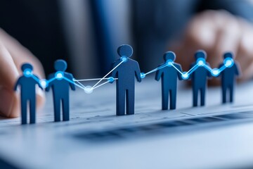 Hand Guiding Small Human Figures on a Tabletop Symbolizing Leadership Teamwork and Strategic Management in a Collaborative Business Environment