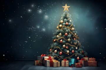 Obraz premium christmas tree and gifts, copy space, dark background