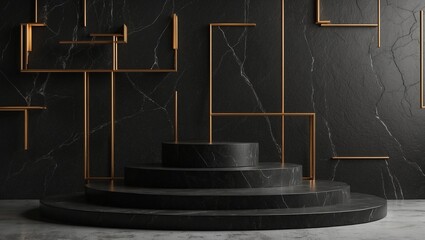 Fototapeta premium Elegant black marble podium with gold geometric elements on dark background.