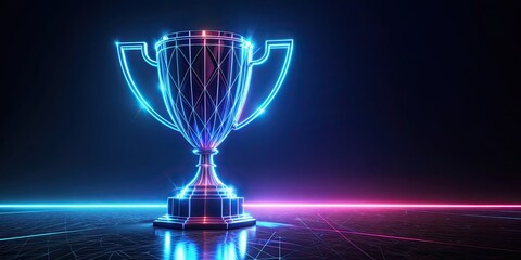 Neon wireframe trophy with light trails on black background, neon, wireframe, trophy, light trails, glowing,abstract