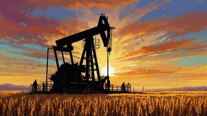 Oil pumpjack silhouetted against a colorful sunset in the fields