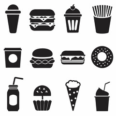 Vector illustration of Black and white silhouette fast food icons set 