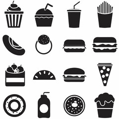 Vector illustration of Black and white silhouette fast food icons set 