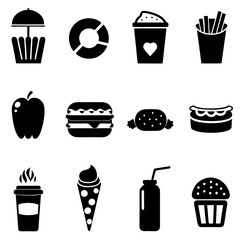 Vector illustration of Black and white silhouette fast food icons set 