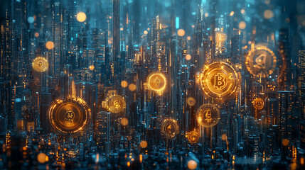 An abstract representation of a thriving business, with golden coins and gears interlocking