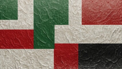 Creative fusion of green, red, white, and black geometric shapes.