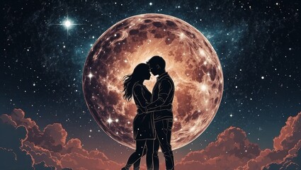 Silhouette of a couple embracing under a starry sky with large moon.