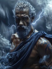 Obraz premium Supreme Deity: Zeus, Greek god of heavens, thunder and lightning, ruler of cosmos, chief of Olympian gods, equated with Jupiter in Roman mythology, embodying ultimate power, dominion over the world.