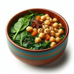 Bowl of fresh spinach with chickpeas Tasty salad isolated on a white background