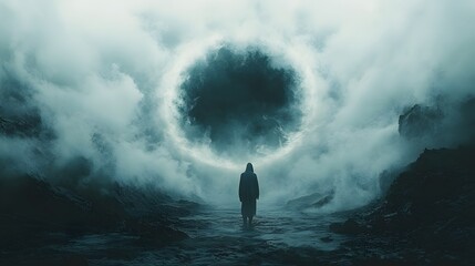 Dark smoke spreads outward from a central void, with the fog forming an ominous ring, ideal for a Halloween backdrop.