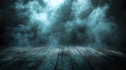 Whisps of smoke gently rising from a black wooden table, creating a haunting and ghostly Halloween scene.