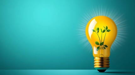 A bright yellow light bulb symbolizes innovation and growth, featuring a green plant emerging from it against a turquoise background.