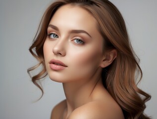 Close-up Portrait of a Young Woman with Long Brown Hair and Blue Eyes