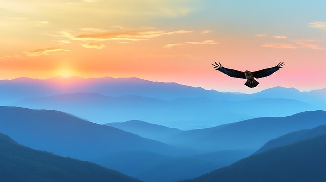 Hawk Soaring Above Misty Mountains at Sunset