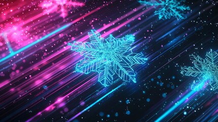 Obraz premium Abstract glowing snowflake shining with neon light on a futuristic pink and blue background. Perfect for winter holidays, christmas, and new year celebrations