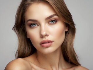 Fototapeta premium Portrait of a Woman with Long Blonde Hair and Makeup