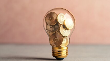 A creative representation of money and ideas, featuring coins inside a light bulb against a soft pastel backdrop.
