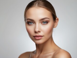 Obraz premium Close-up Portrait of a Young Woman with Light Makeup and Blue Eyes