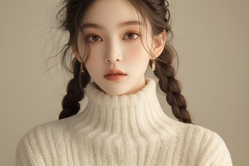 Beauty portrait of asian woman model with long black hair and perfect clear fresh skin wearing white sweater on beige background. Autumn fashion. Skincare, plastic surgery and cosmetic concept