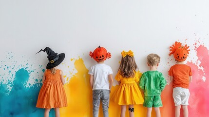 Fototapeta premium Halloween party scene with children in costumes, set against a backdrop of colorful watercolor splashes Halloween Day, Costumes, Watercolor Style