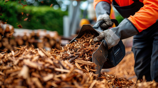 Close-up of a worker wearing gloves, handling wood chips in a lumberyard, highlighting the detailed texture of the wood.