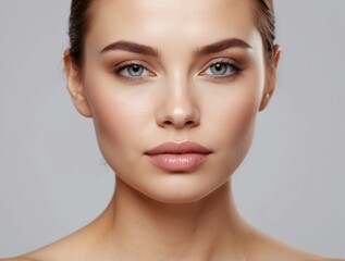 Fototapeta premium Close-up Portrait of a Woman with Soft Makeup and a Neutral Expression