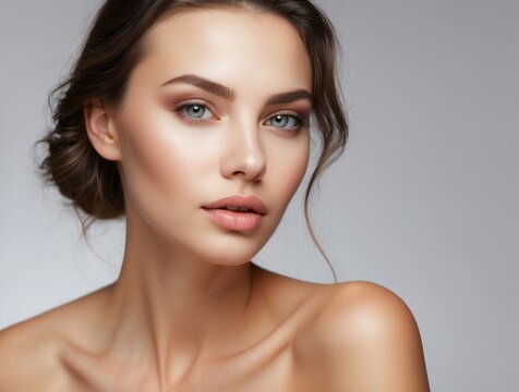 Close-up Portrait of a Woman with Natural Makeup and a Bare Shoulder