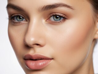 Fototapeta premium Close-up of a Woman's Face with Blue Eyes and Pink Lips