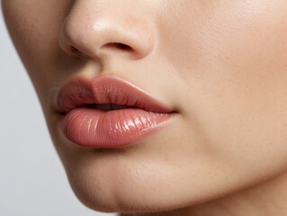 Obraz premium Close-up of a woman's lips with glossy pink lipstick