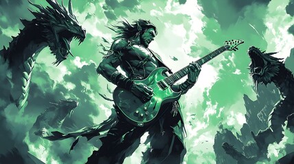 Fototapeta premium Ripped Medieval Hero Commanding the Stage with Electric Guitar Performance Amidst Fantastical Dragon Sculptures