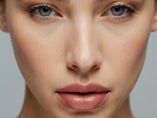 Naklejka premium Close-up Portrait of a Woman's Face with Blue Eyes and Pink Lips
