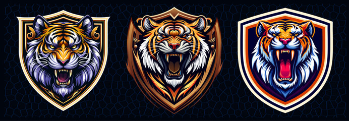 Luxury tiger shield collection, roaring tiger head mascot, abstract tiger logo set, vector design
