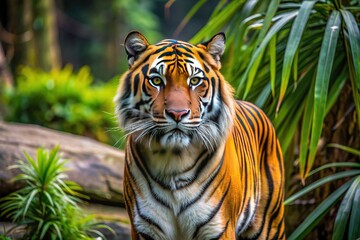 Fototapeta premium Majestic Sumatran tiger, a critically endangered subspecies, confidently roams its spacious enclosure, showcasing its vibrant orange and black stripes in a protected zoo habitat.